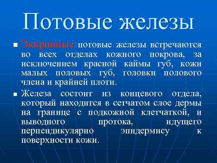Потовые железы n n Эккринные потовые железы встречаются во всех отделах кожного покрова, за