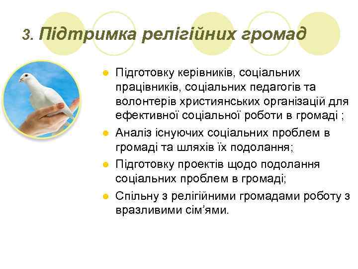 3. Підтримка релігійних громад Підготовку керівників, соціальних працівників, соціальних педагогів та волонтерів християнських організацій