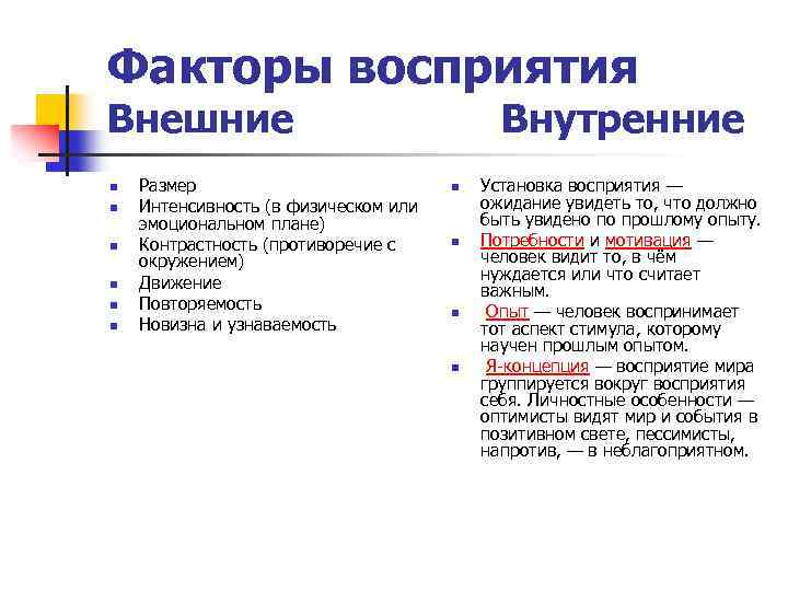 Факторы восприятия Внешние n n n Размер Интенсивность (в физическом или эмоциональном плане) Контрастность