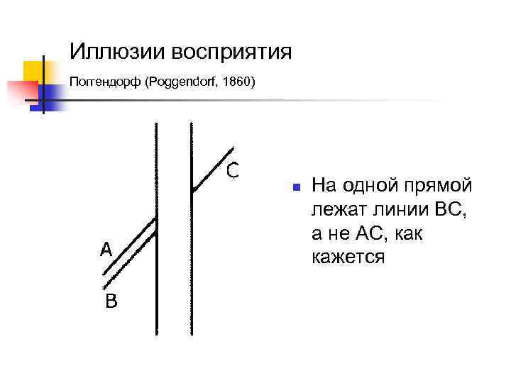 Иллюзии восприятия Поггендорф (Poggendorf, 1860) n На одной прямой лежат линии BC, а не