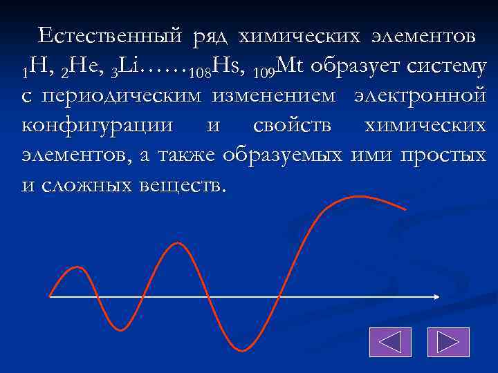 Естественный ряд химических элементов 1 Н, 2 Не, 3 Li…… 108 Hs, 109 Mt