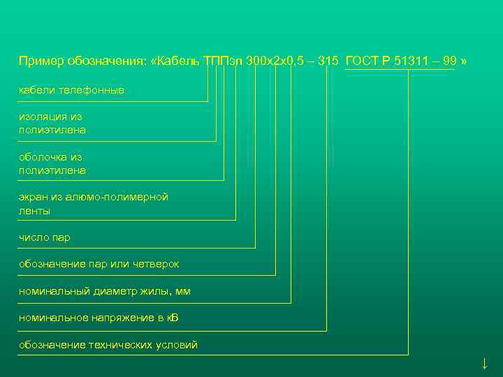 Пример обозначения: «Кабель ТППэп 300 х2 х0, 5 – 315 ГОСТ Р 51311 –