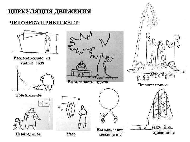 ЦИРКУЛЯЦИЯ ДВИЖЕНИЯ ЧЕЛОВЕКА ПРИВЛЕКАЕТ: Расположенное на уровне глаз Возможность отдыха Впечатляющее Трогательное Необходимое Узор