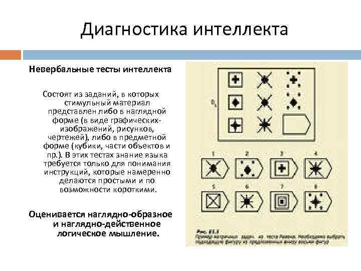 Диагностика интеллекта Невербальные тесты интеллекта Состоят из заданий, в которых стимульный материал представлен либо