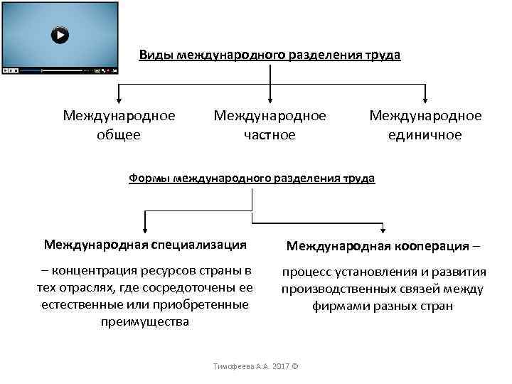 Виды международного разделения труда Международное общее Международное частное Международное единичное Формы международного разделения труда