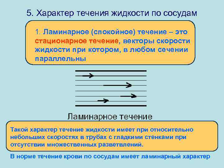 5. Характер течения жидкости по сосудам 1. Ламинарное (спокойное) течение – это стационарное течение,