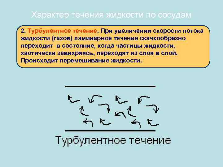 Характер течения жидкости по сосудам 2. Турбулентное течение. При увеличении скорости потока жидкости (газов)