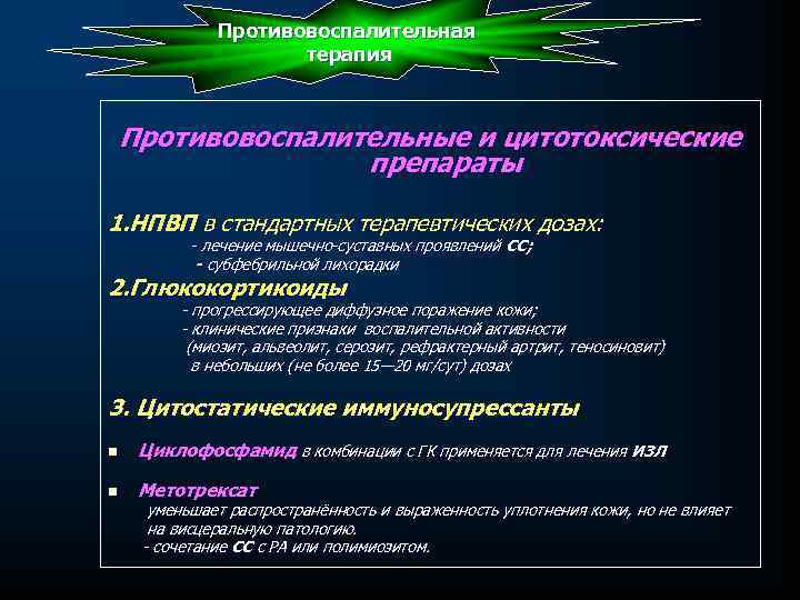 Противовоспалительная терапия Противовоспалительные и цитотоксические препараты 1. НПВП в стандартных терапевтических дозах: лечение мышечно