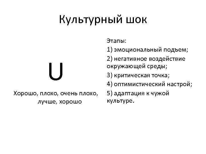 Культурный шок U Хорошо, плохо, очень плохо, лучше, хорошо Этапы: 1) эмоциональный подъем; 2)