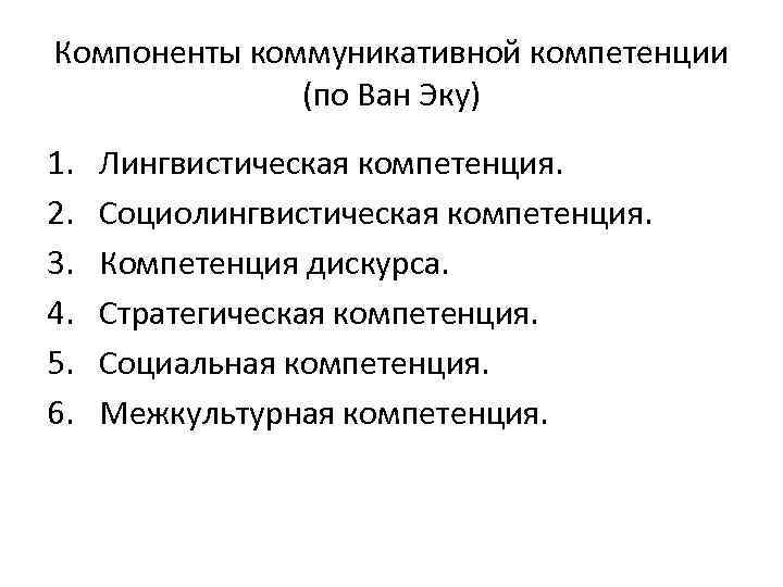 Компоненты коммуникативной компетенции (по Ван Эку) 1. 2. 3. 4. 5. 6. Лингвистическая компетенция.
