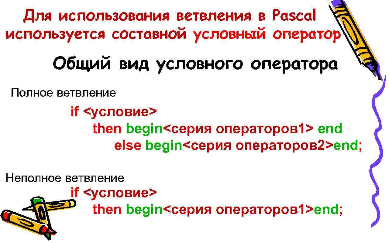 Для использования ветвления в Pascal используется составной условный оператор Общий вид условного оператора Полное