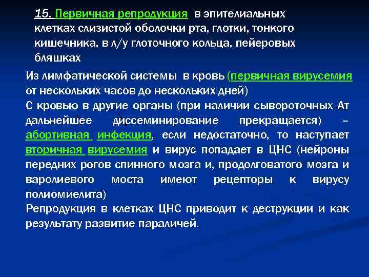 15. Первичная репродукция в эпителиальных клетках слизистой оболочки рта, глотки, тонкого кишечника, в л/у