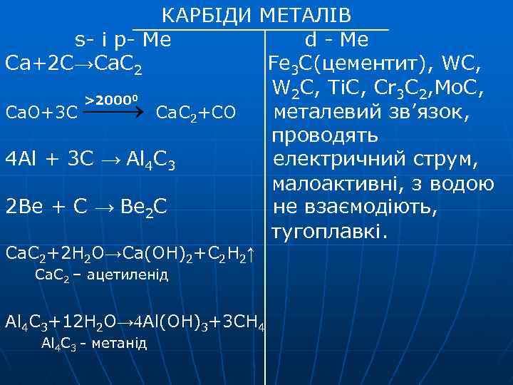 КАРБІДИ МЕТАЛІВ s- i p- Ме d - Me Ca+2 C→Ca. C 2 Fe