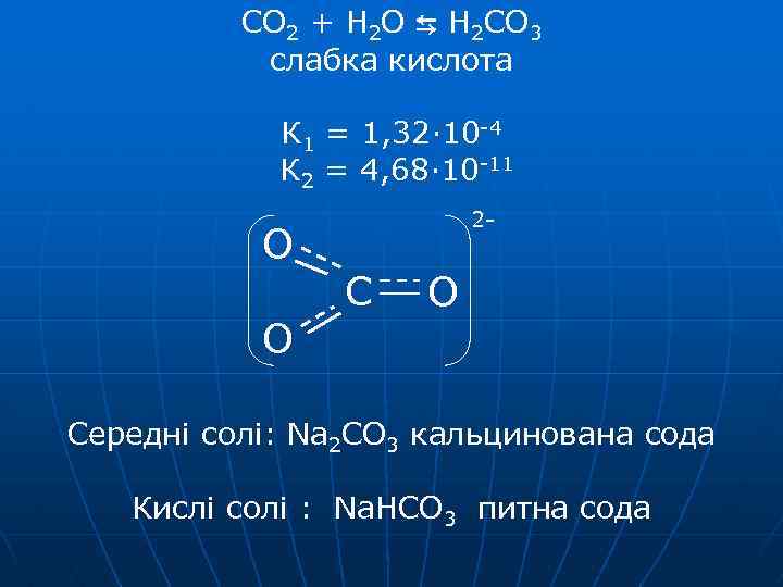 CO 2 + H 2 O ⇆ H 2 CO 3 слабка кислота К