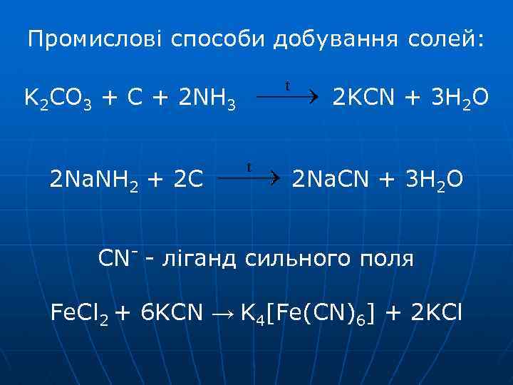 Промислові способи добування солей: K 2 CO 3 + C + 2 NH 3