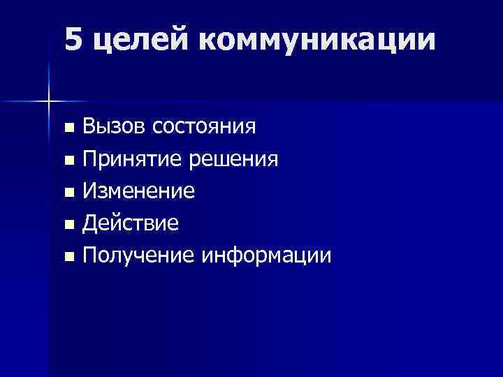 5 целей коммуникации Вызов состояния n Принятие решения n Изменение n Действие n Получение