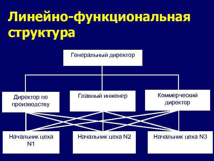 Линейно-функциональная структура Генеральный директор Директор по производству Главный инженер Начальник цеха N 1 Начальник