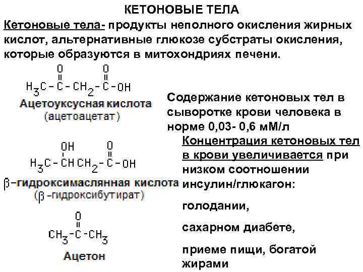 КЕТОНОВЫЕ ТЕЛА Кетоновые тела- продукты неполного окисления жирных кислот, альтернативные глюкозе субстраты окисления, которые