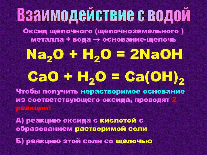 Оксид щелочного (щелочноземельного ) металла + вода основание-щелочь Na 2 O + H 2