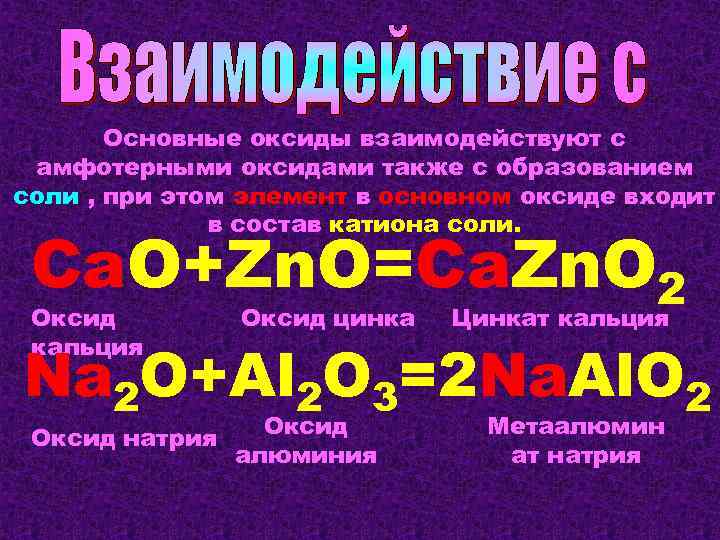 Основные оксиды взаимодействуют с амфотерными оксидами также с образованием соли , при этом элемент