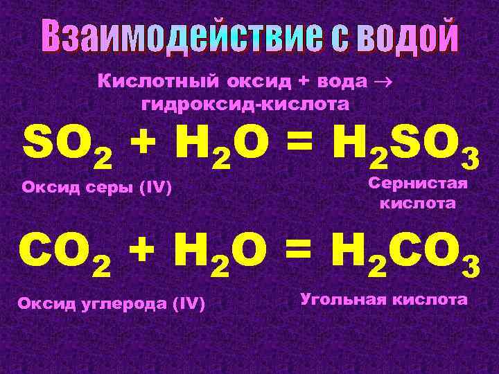 Кислотный оксид + вода гидроксид-кислота SO 2 + H 2 O = H 2