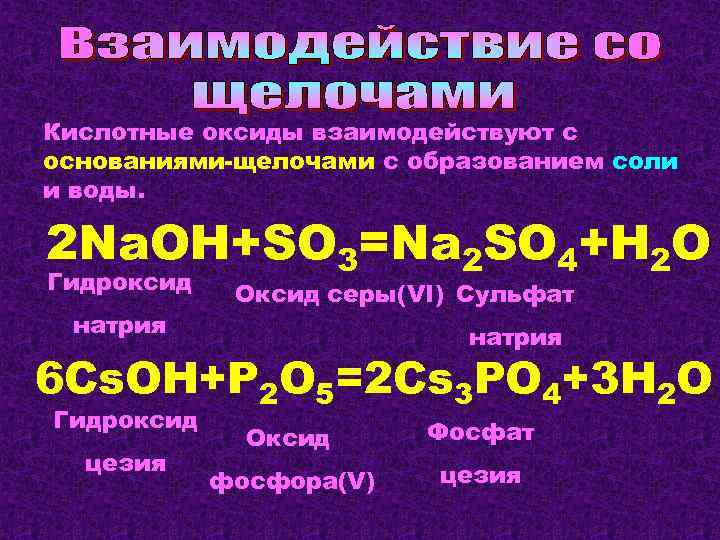 Кислотные оксиды взаимодействуют с основаниями-щелочами с образованием соли и воды. 2 Na. OH+SO 3=Na