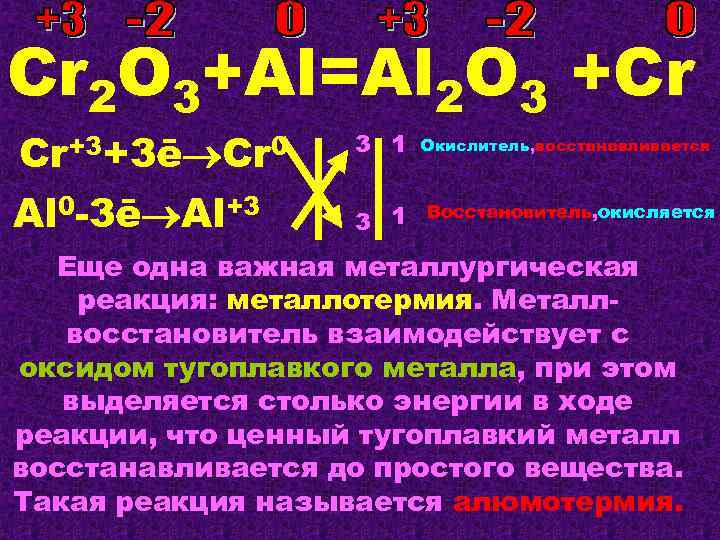 Cr 2 O 3+Al=Al 2 O 3 +Cr Cr+3+3ē Cr 0 3 1 Окислитель,