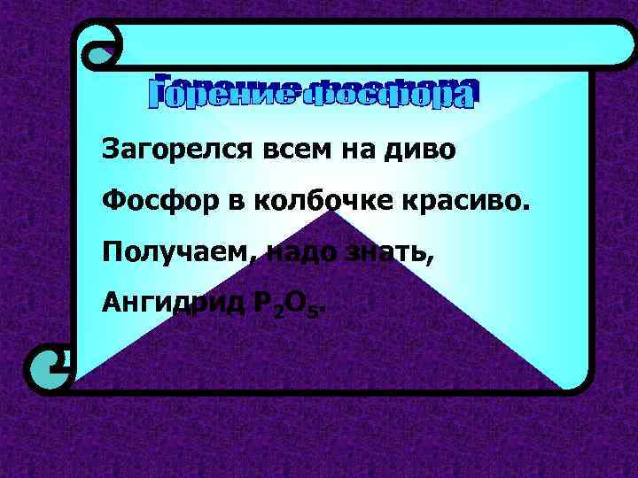 Загорелся всем на диво Фосфор в колбочке красиво. Получаем, надо знать, Ангидрид Р 2