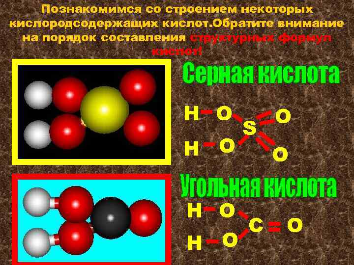 Познакомимся со строением некоторых кислородсодержащих кислот. Обратите внимание на порядок составления структурных формул кислот!