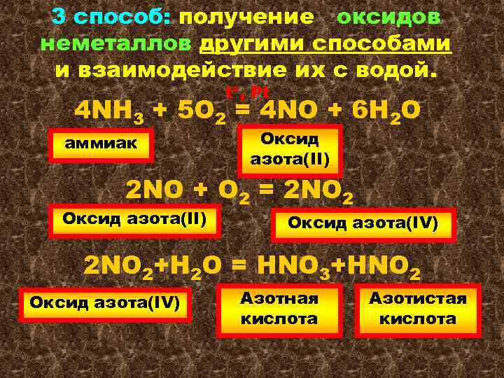 3 способ: получение оксидов неметаллов другими способами и взаимодействие их с водой. t ,