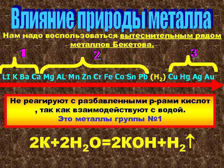 Нам надо воспользоваться вытеснительным рядом металлов Бекетова. LI K Ba Ca Mg AL Mn