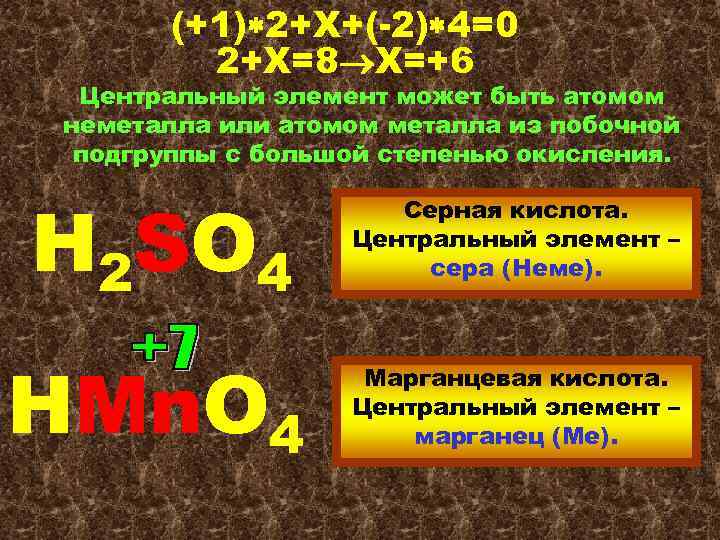 (+1) 2+Х+(-2) 4=0 2+Х=8 Х=+6 Центральный элемент может быть атомом неметалла или атомом металла