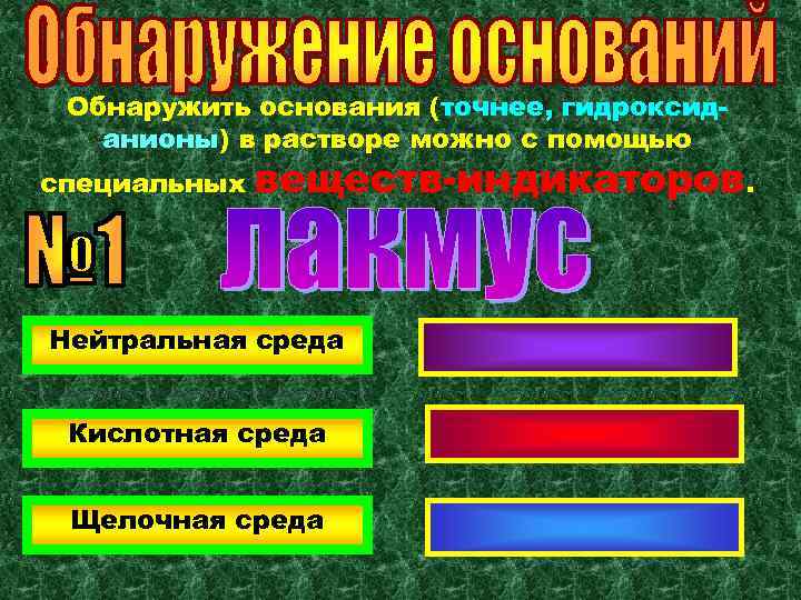 Обнаружить основания (точнее, гидроксиданионы) в растворе можно с помощью специальных веществ-индикаторов. Нейтральная среда Кислотная