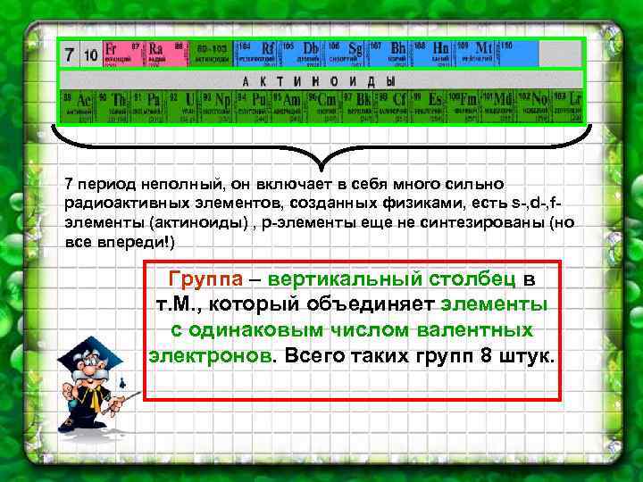 7 период неполный, он включает в себя много сильно радиоактивных элементов, созданных физиками, есть