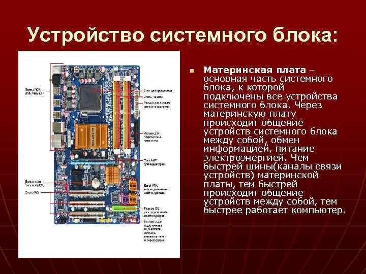 Устройство системного блока: n Материнская плата – основная часть системного блока, к которой подключены