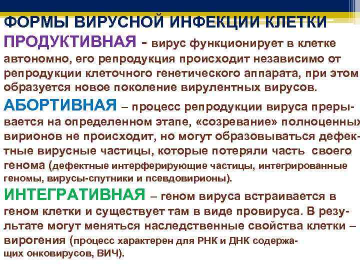 ФОРМЫ ВИРУСНОЙ ИНФЕКЦИИ КЛЕТКИ ПРОДУКТИВНАЯ - вирус функционирует в клетке автономно, его репродукция происходит