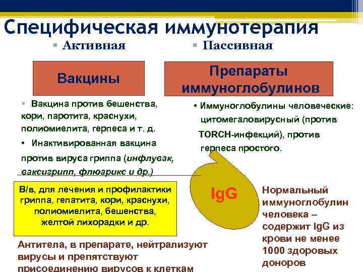Специфическая иммунотерапия § Активная Вакцины § Вакцина против бешенства, кори, паротита, краснухи, полиомиелита, герпеса