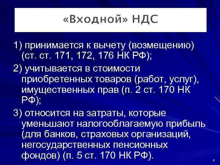 1) принимается к вычету (возмещению) (ст. 171, 172, 176 НК РФ); 2) учитывается в