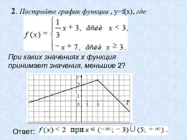 2. Постройте график функции , у=f(x), где При каких значениях х функция принимает значения,