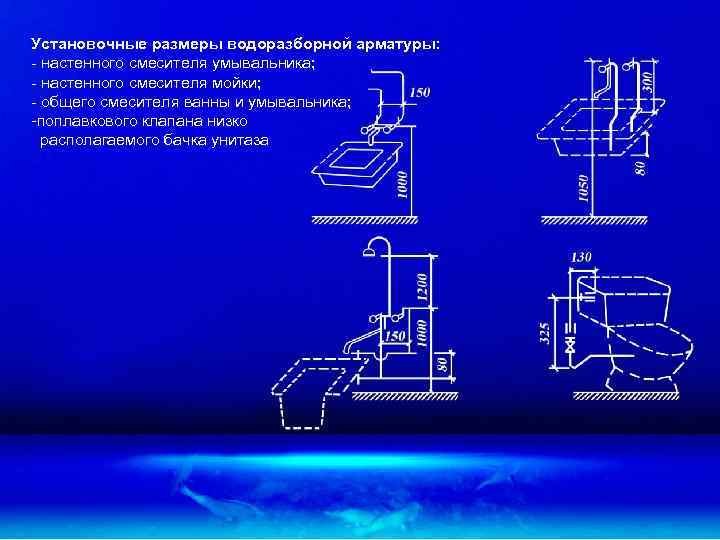 Установочные размеры водоразборной арматуры: - настенного смесителя умывальника; - настенного смесителя мойки; - общего