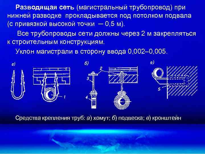Разводящая сеть (магистральный трубопровод) при нижней разводке прокладывается под потолком подвала (с привязкой высокой