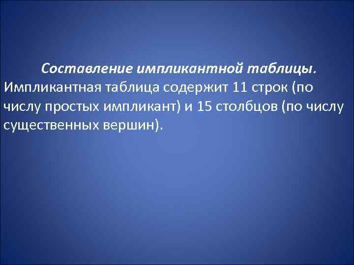 Составление импликантной таблицы. Импликантная таблица содержит 11 строк (по числу простых импликант) и 15