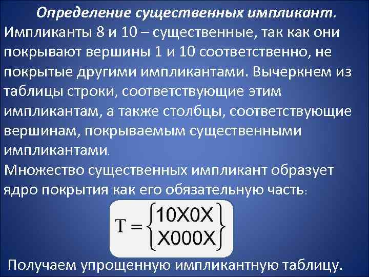 Определение существенных импликант. Импликанты 8 и 10 – существенные, так как они покрывают вершины