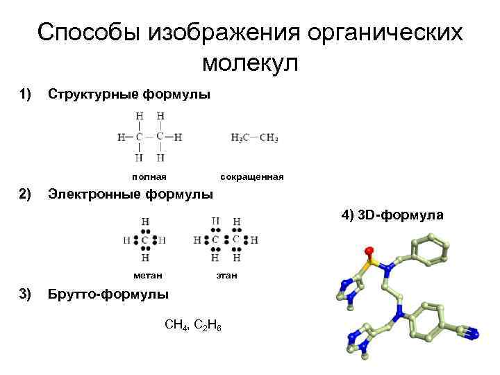 Способы изображения органических молекул 1) Структурные формулы полная 2) сокращенная Электронные формулы 4) 3