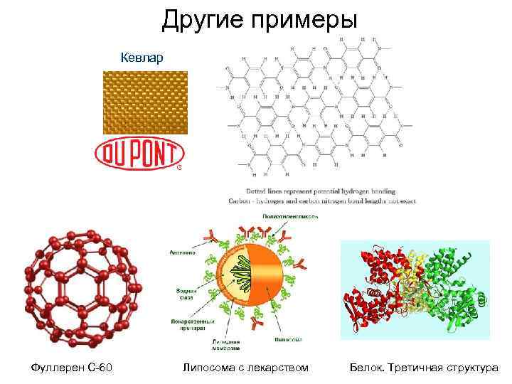 Другие примеры Кевлар Фуллерен С-60 Липосома с лекарством Белок. Третичная структура 
