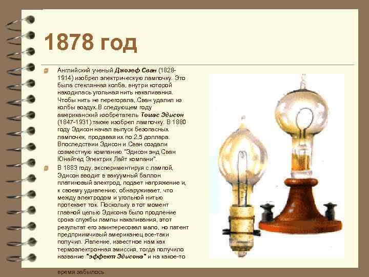 1878 год 4 4 Английский ученый Джозеф Сван (18281914) изобрел электрическую лампочку. Это была