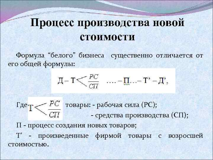Процесс производства новой стоимости Формула “белого” бизнеса существенно отличается от его общей формулы: ,