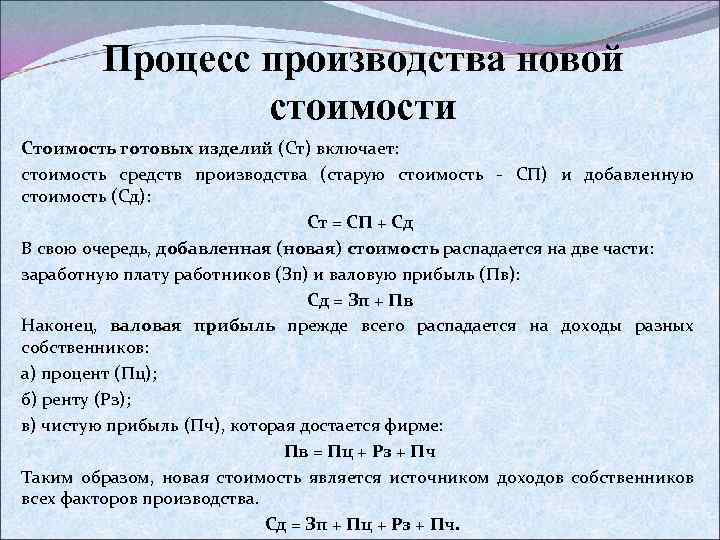 Процесс производства новой стоимости Стоимость готовых изделий (Ст) включает: стоимость средств производства (старую стоимость
