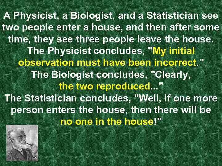 A Physicist, a Biologist, and a Statistician see two people enter a house, and