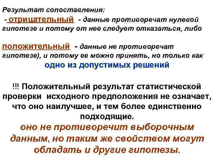 Результат сопоставления: - отрицательный - данные противоречат нулевой гипотезе и потому от нее следует